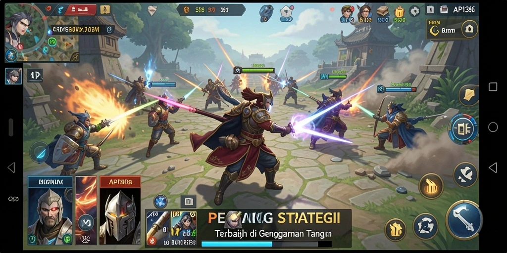 Tampilan screenshot menampilkan pertempuran strategis yang intens dan mendebarkan.